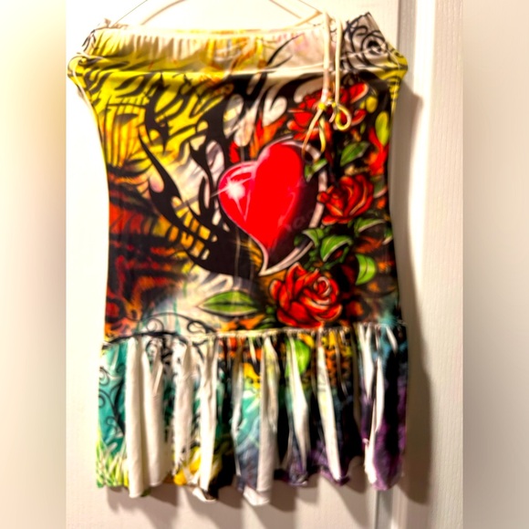 Vintage Rhinestone Studded Heart Rose Leopard Babydoll Halter Bandeau Skirt Top - Picture 5 of 6